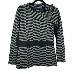 Ruelle Liverpool Black Grey Striped Belt Detail Tunic Top Medium